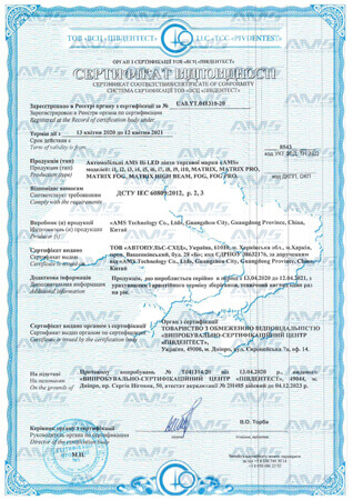 Сертификат соответствия (Автомобильные Bi-LED линзы 2020-2021